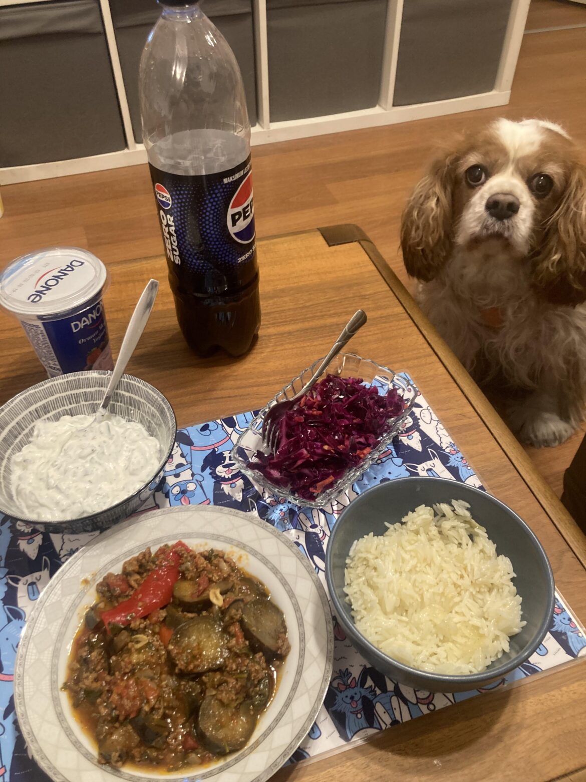 Musakka, pilav, cacık, pickled red cabbage