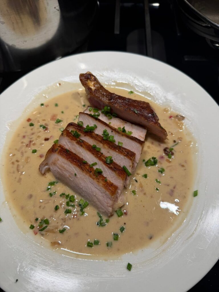 Centre Loin Pork Chop with a (amateur hour) pan sauce. 137f for 3 hours.