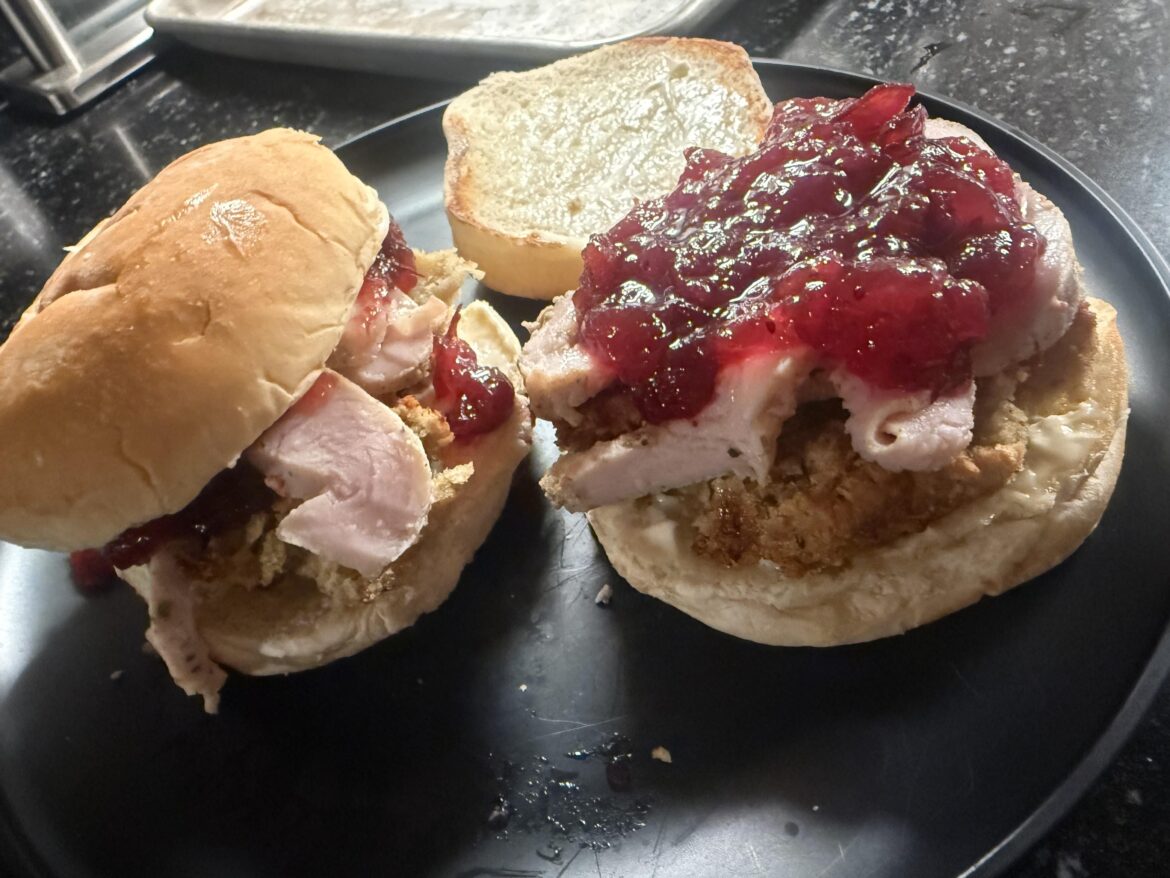 Sous vide pork chops with stuffing and cranberry sandwiches 🥪 What would you switch the cranberry out with? Apple sauce?!?