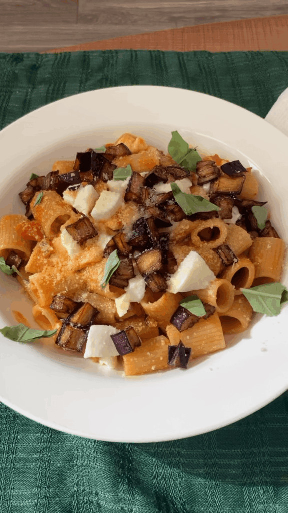 Mezzi rigatoni with tomato eggplant and mozzarella
