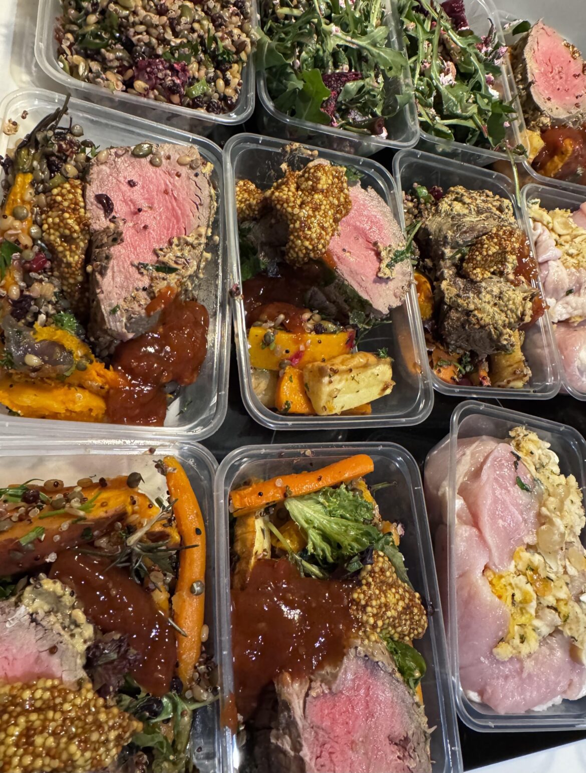 Meal prep to freeze. Angus eye fillet cooked with a mustard herby crust, roasted root veg, hardy greens, cypriot salad, homemade chutney, and some seasoned stuffed turkey to defrost/cook at a later date.
