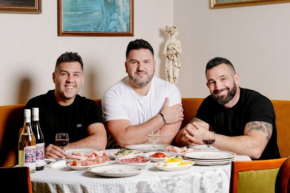 Brothers Joe and Carlo Salanitri and best mate Andrew Manfre at their Carlton restaurant, Johnny, Vince & Sam’s.