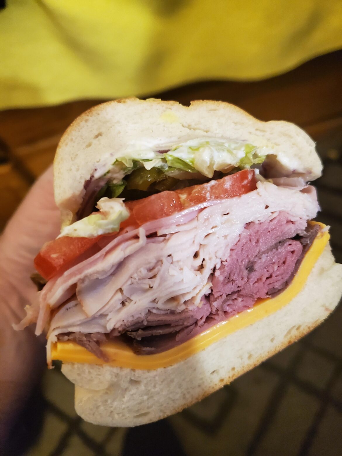 Jovos Deli: Brick, NJ, USA. All American sub: All dietz and Watson ham, roast beef, turkey, shredduce, tomato,onion, jalapeno, s.p.o, and American cheese.