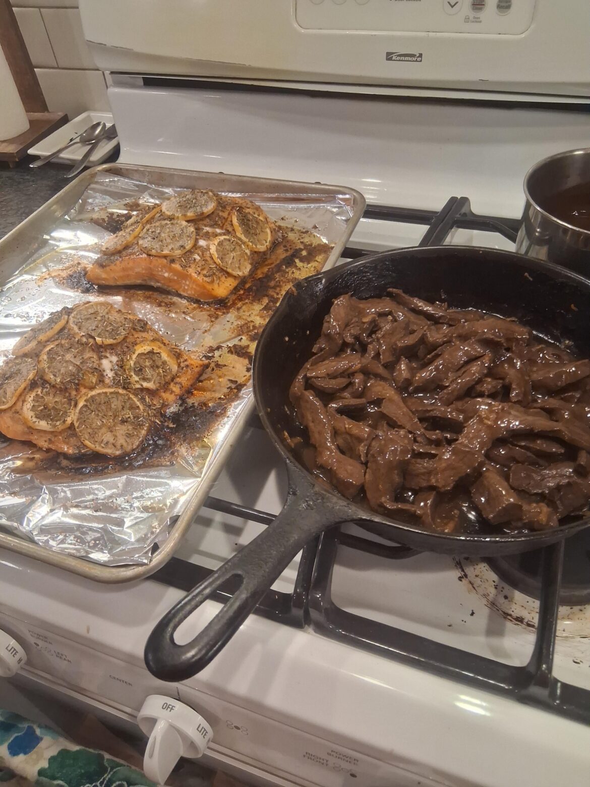 Sourdough guy here. Been day drinking. Tonight's dinner, sweet n sour ginger beef heart, and lemon garlic herb wild spring Chinook salmon.