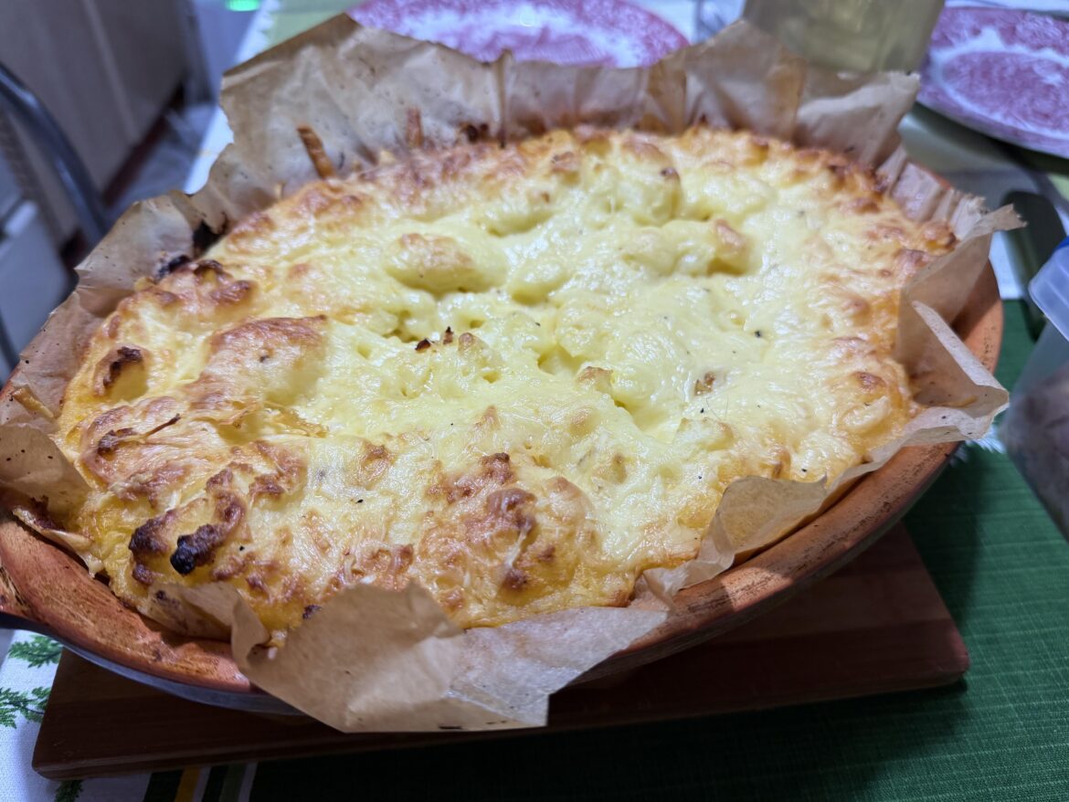 Reinterpretation of Moussaka. House raised pork, ground meat, mashed potatoes, spices, and on top, cheddar. ( meat has olive oil, the whole thing has a light tomato sauce) along with sauerkraut. Winter food that I love
