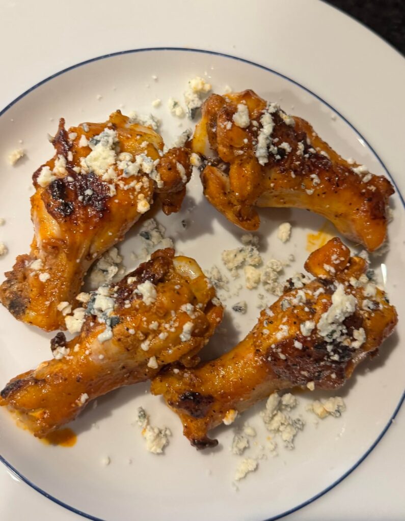 First pan fry wings with oven finish. -13 outside so no smoking.
