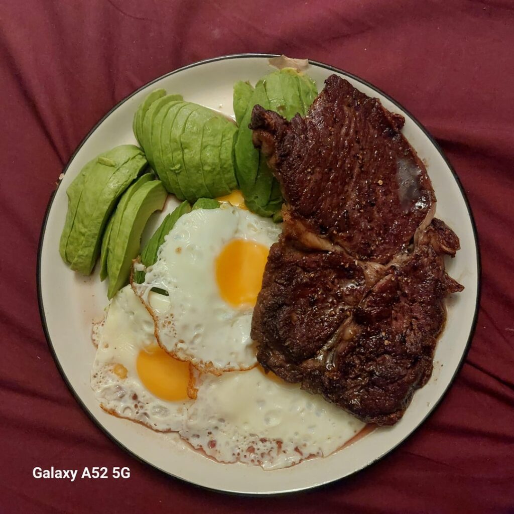 Steak with eggs and avocado are the best combo.