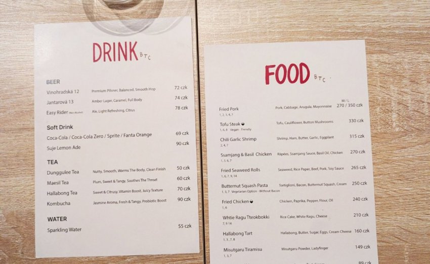 The food and drink menu at Better Than Classico, outlining the restaurant’s Italian–Korean approach