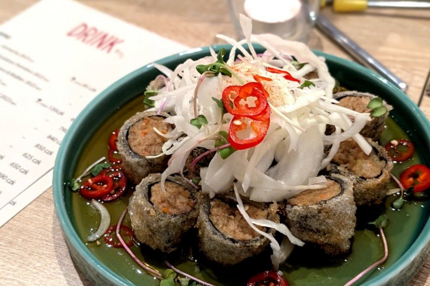 Crisp pork and vegetable stuffed seaweed rolls at Better Than Classico in Prague