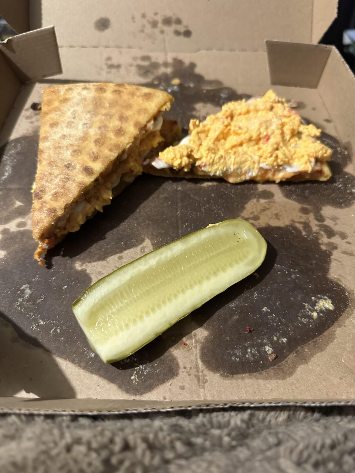 I present the leftover cheese pizza and pimento cheese sandwich.