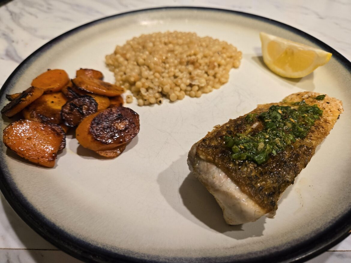 Barramundi with Cilantro Sauce with Pan-fried Butter Carrots & Garlic Couscous
