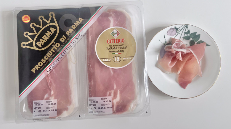Citterio prosciutto di Parma slices on a small plate with the whole package next to it