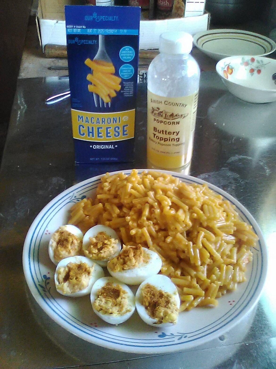 Todays ration: kraft dinner and deviled eggs. Obviously used more soy based buttery topping and powdered milk powder in it and used 1000 islands dressing instead of mayonnaise.