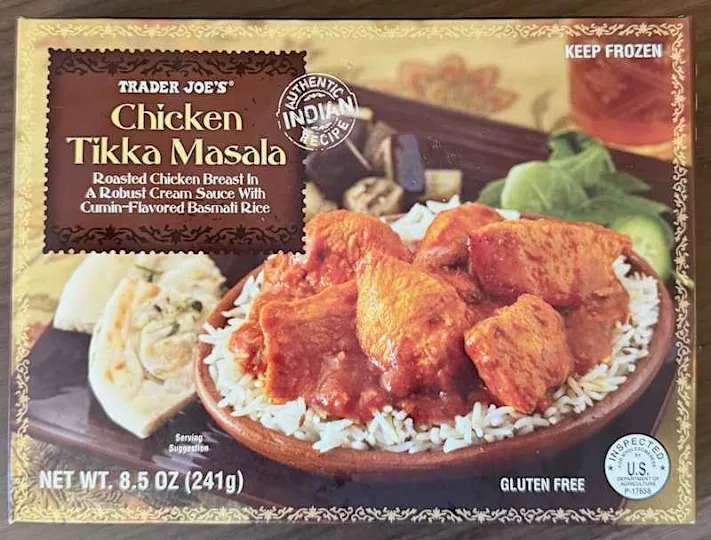 Close up box of Trader Joe's Chicken Tikka Masala.