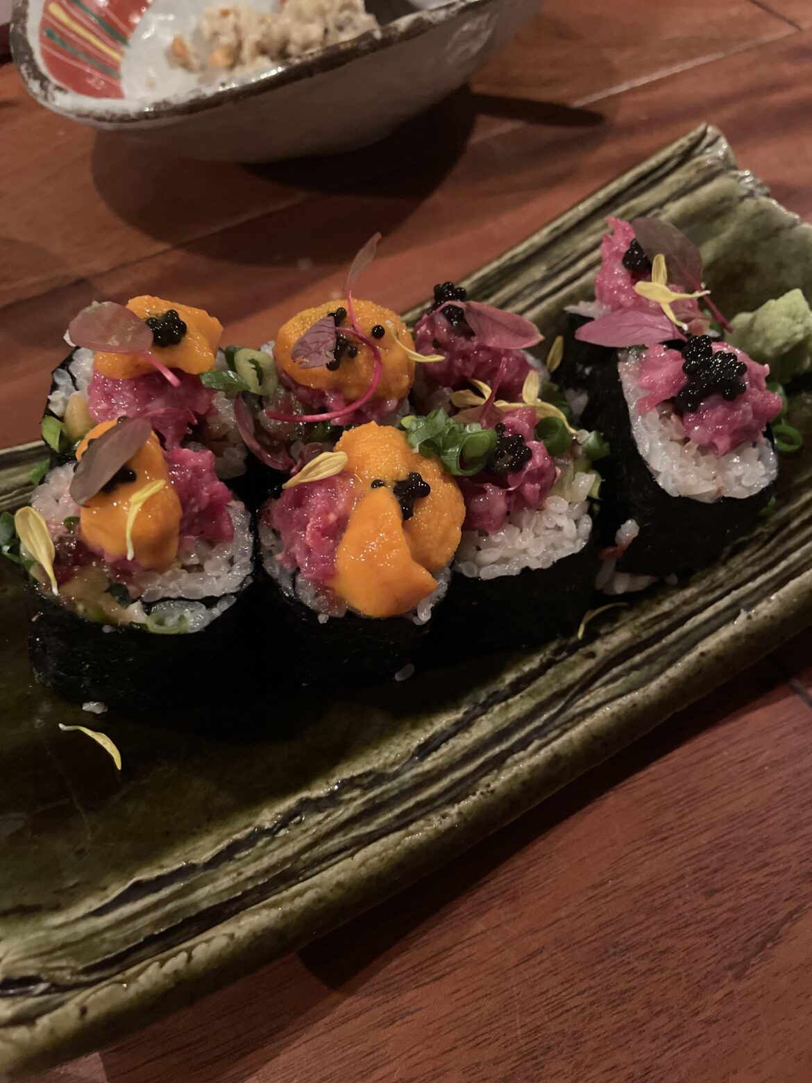 Anemone, Shibuya. Horse meat and tuna topped with uni and roe