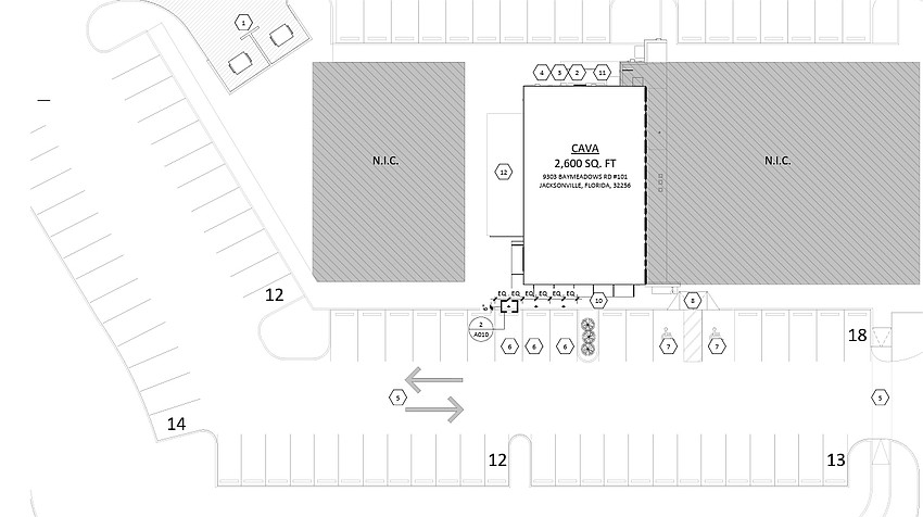 The CAVA restaurant site at 9303 Baymeadows Road, Unit 101, in Baymeadows.