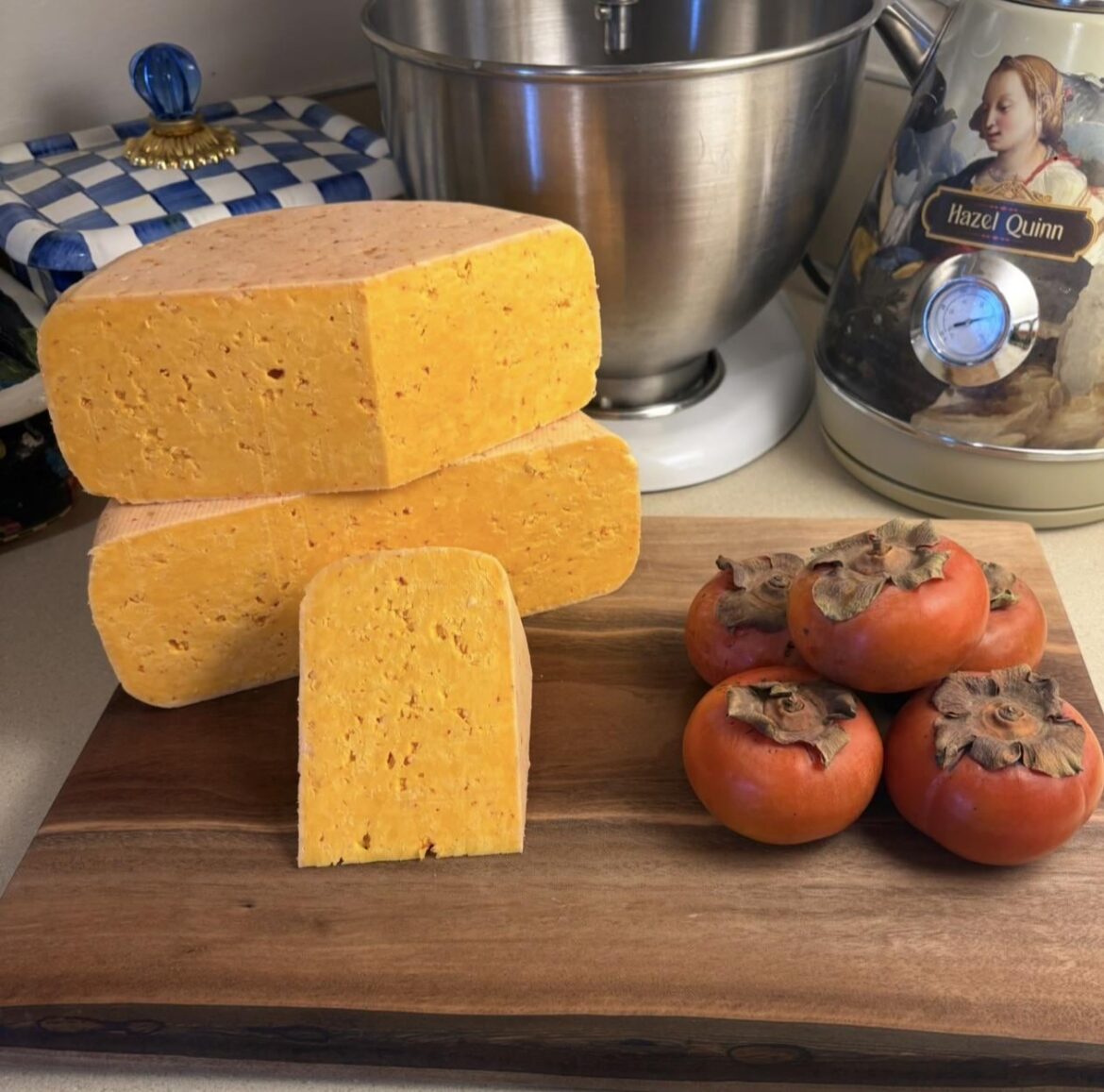 Homemade Gochugaru pepper and garlic gouda style cheese. Just a little kick, but it’s tasty!