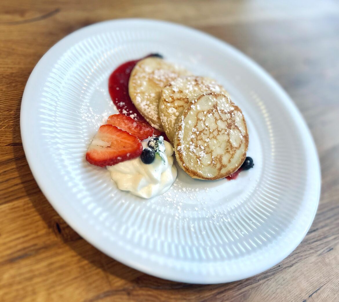 Pancakes with raspberry jam and cream cheese