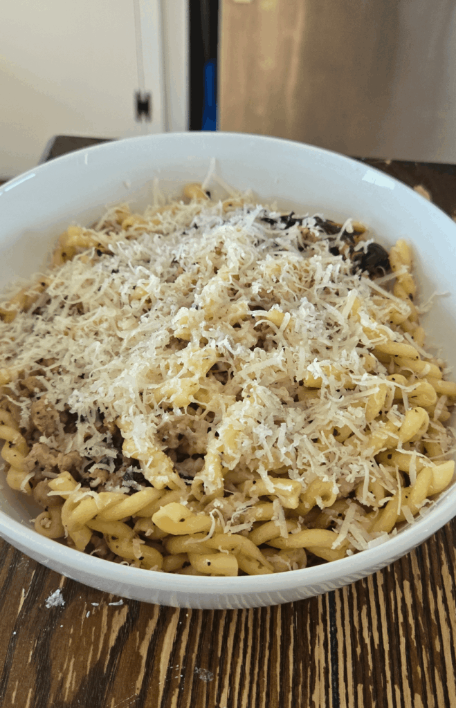 Gemelli with italian sausage, broccoli rabe, and fresh parmesan