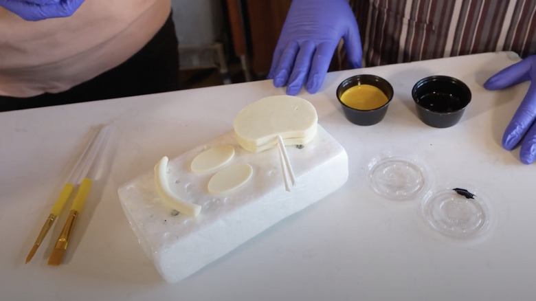 Cocoa butter paint and chocolate decorations for dome cake