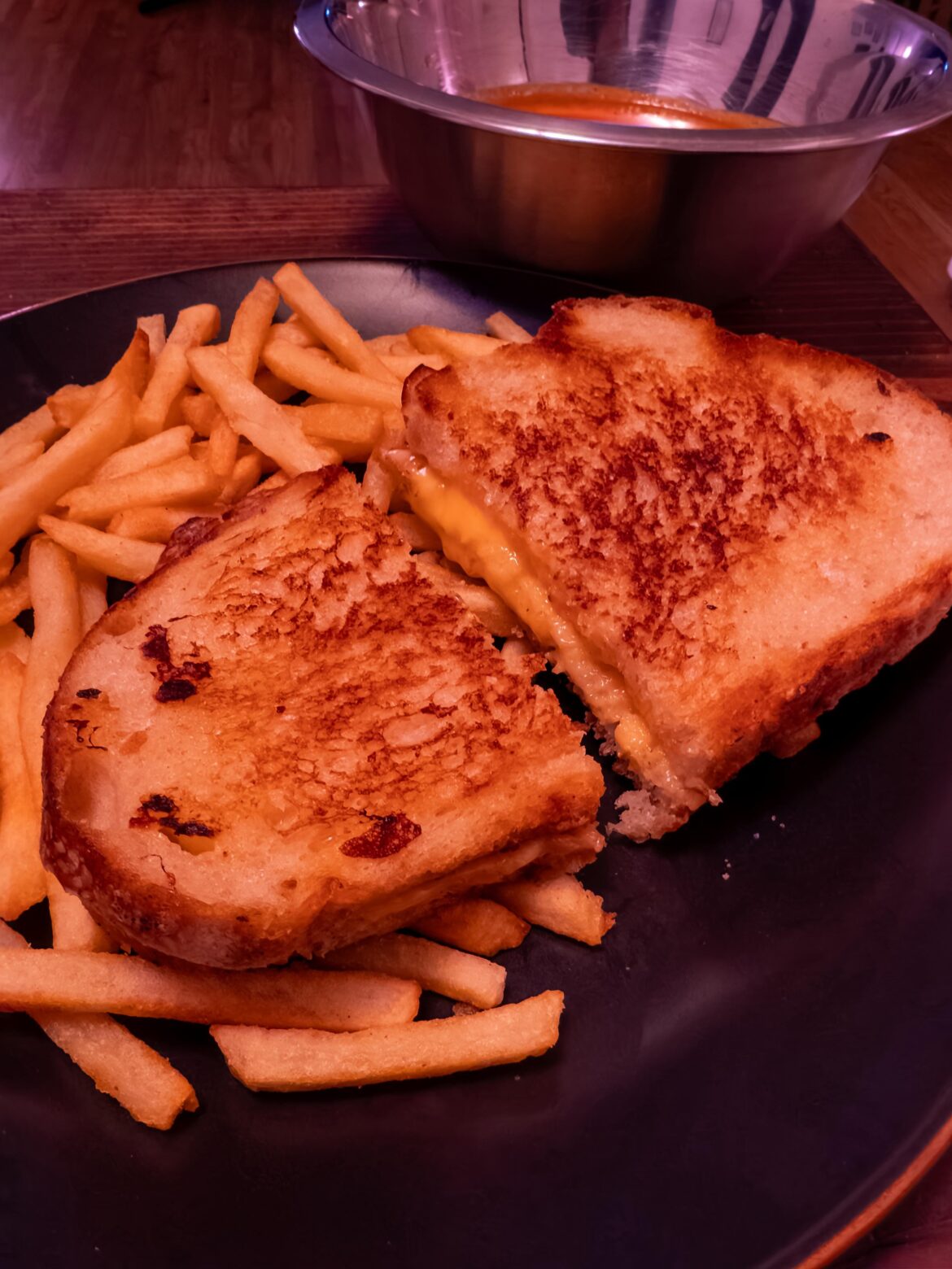 Fries. Tomato soup. Sourdough lightly toasted with American cheese.