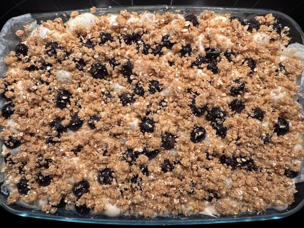 Tried adding something I love to my sourdough focaccia…… blueberry crumble!