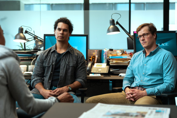 Mark Coles Smith (left) as Justin and Richard Davies as Sean, the journalists who uncover Belle’s scam. 