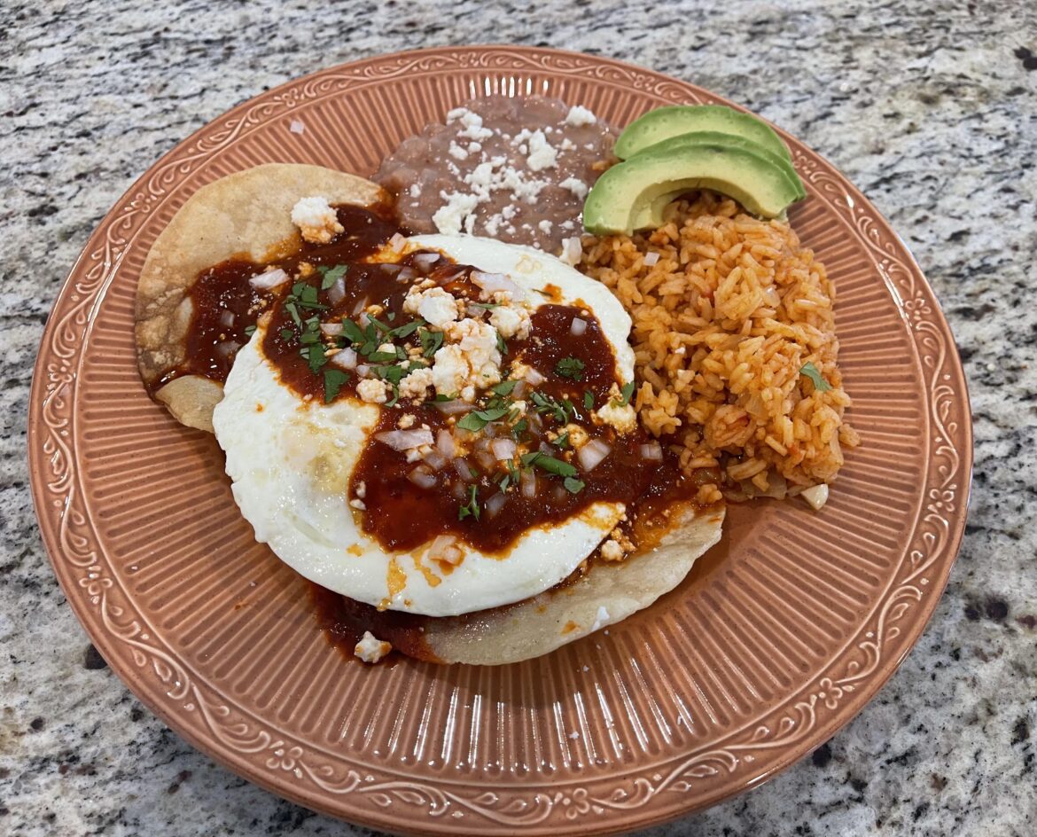 Huevos Rancheros, Mexican Rice and Refried Beans