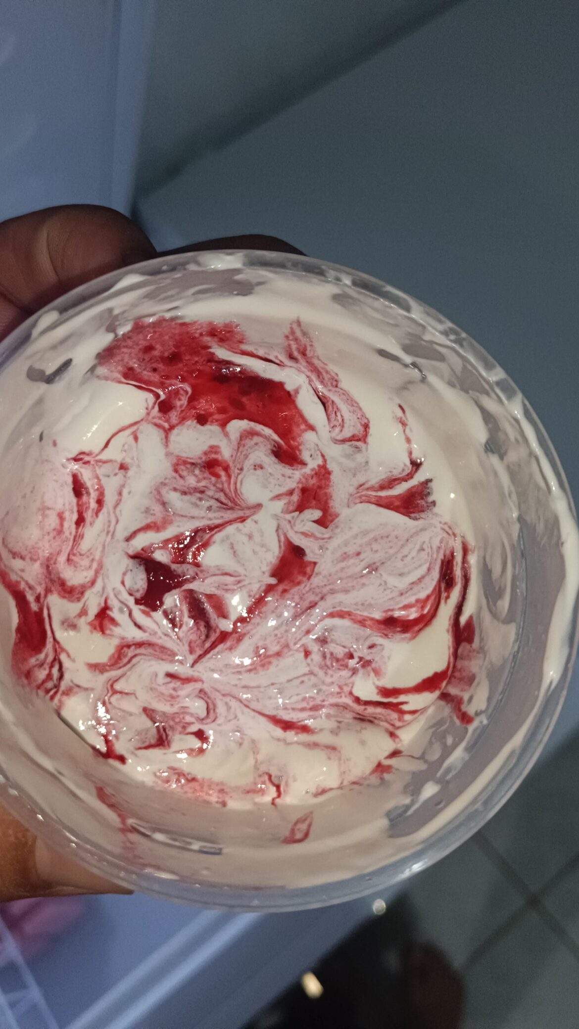 Vanilla ice cream with strawberry and blackberry jam