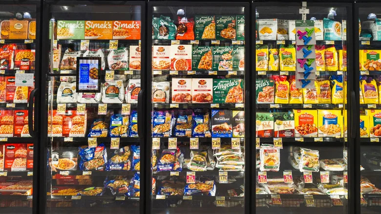 Frozen dinner aisle showing pasta meals.