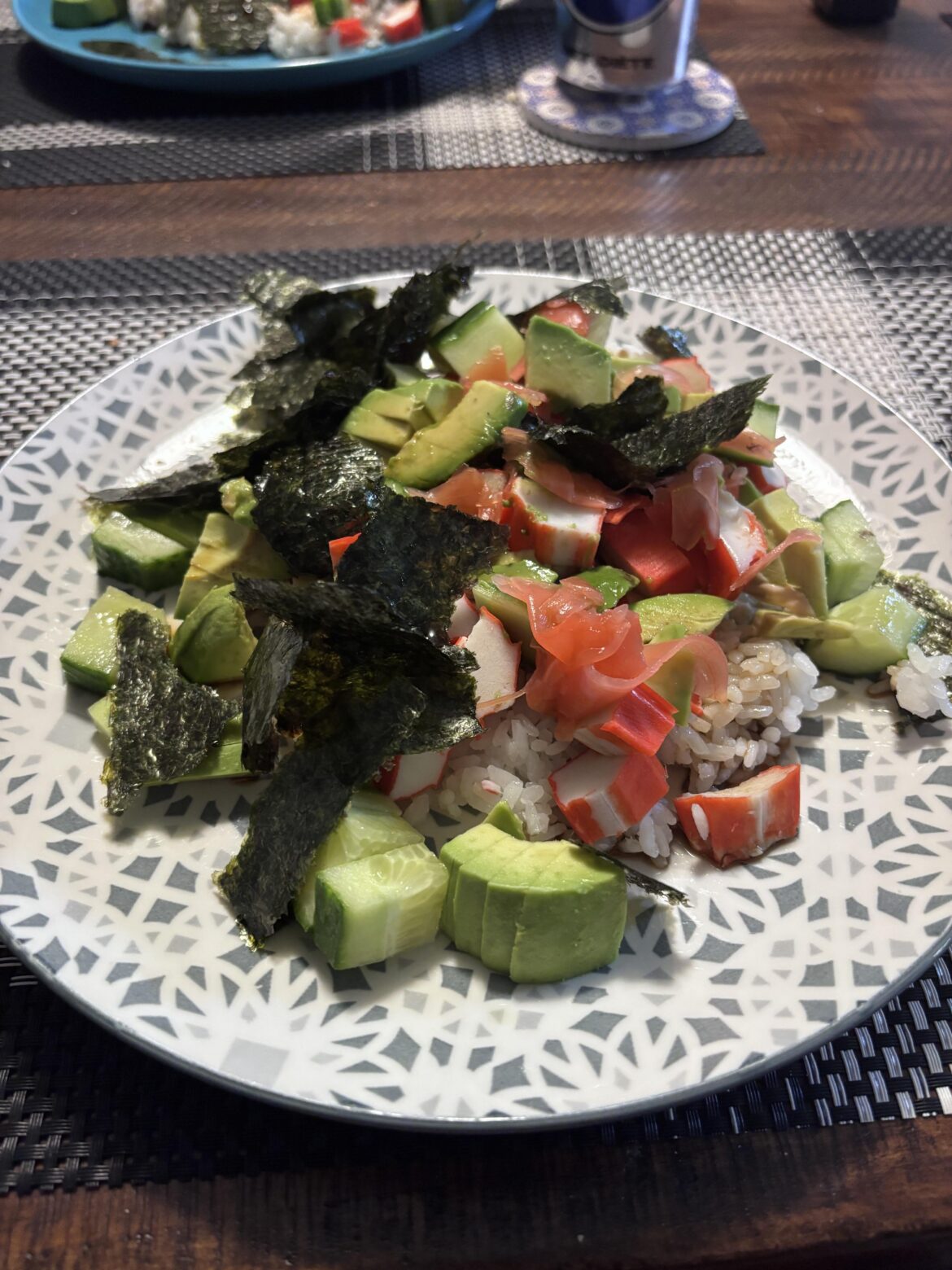 Deconstructed California roll? After a heavily poured whisky and coke.