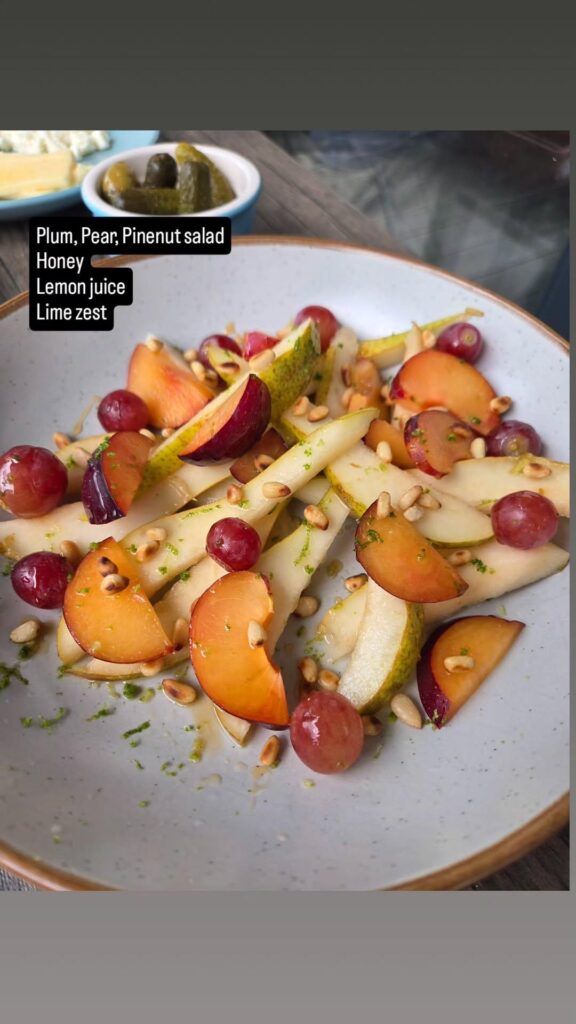 Plum, pear and pine nut salad