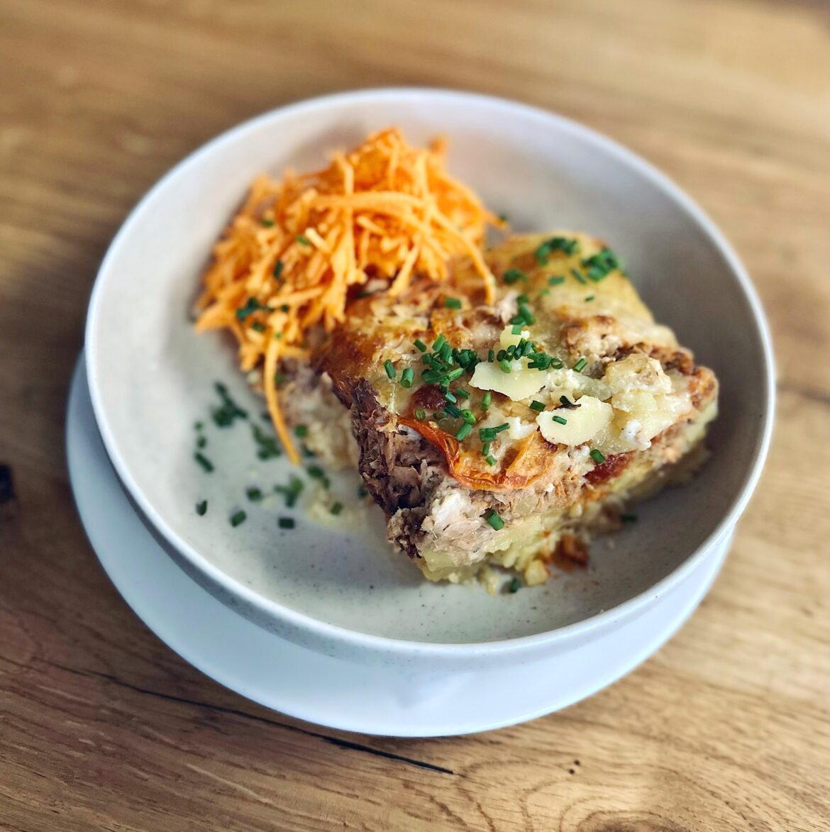 Potato-tuna casserole with carrot salad