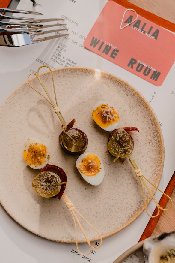 The basturma, pickled chilli and quail’s egg gilda. 