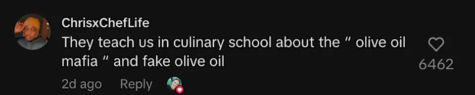 Comment on olive oil fraud, mentioning "olive oil mafia" and fake olive oil, with 6462 likes. Profile picture of commenter visible