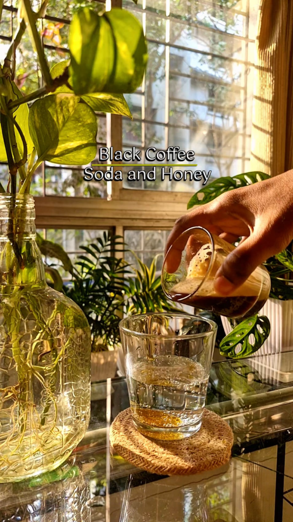 Black Coffee with Soda and Honey, a Perfect Sunday drink on a sunny winter day.