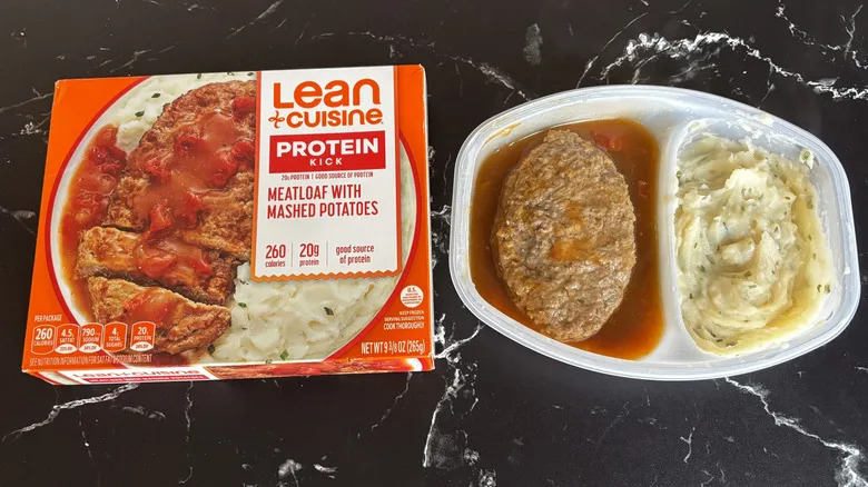 Lean Cuisine meatloaf with mashed potatoes frozen meal showing food in plastic container and box cover