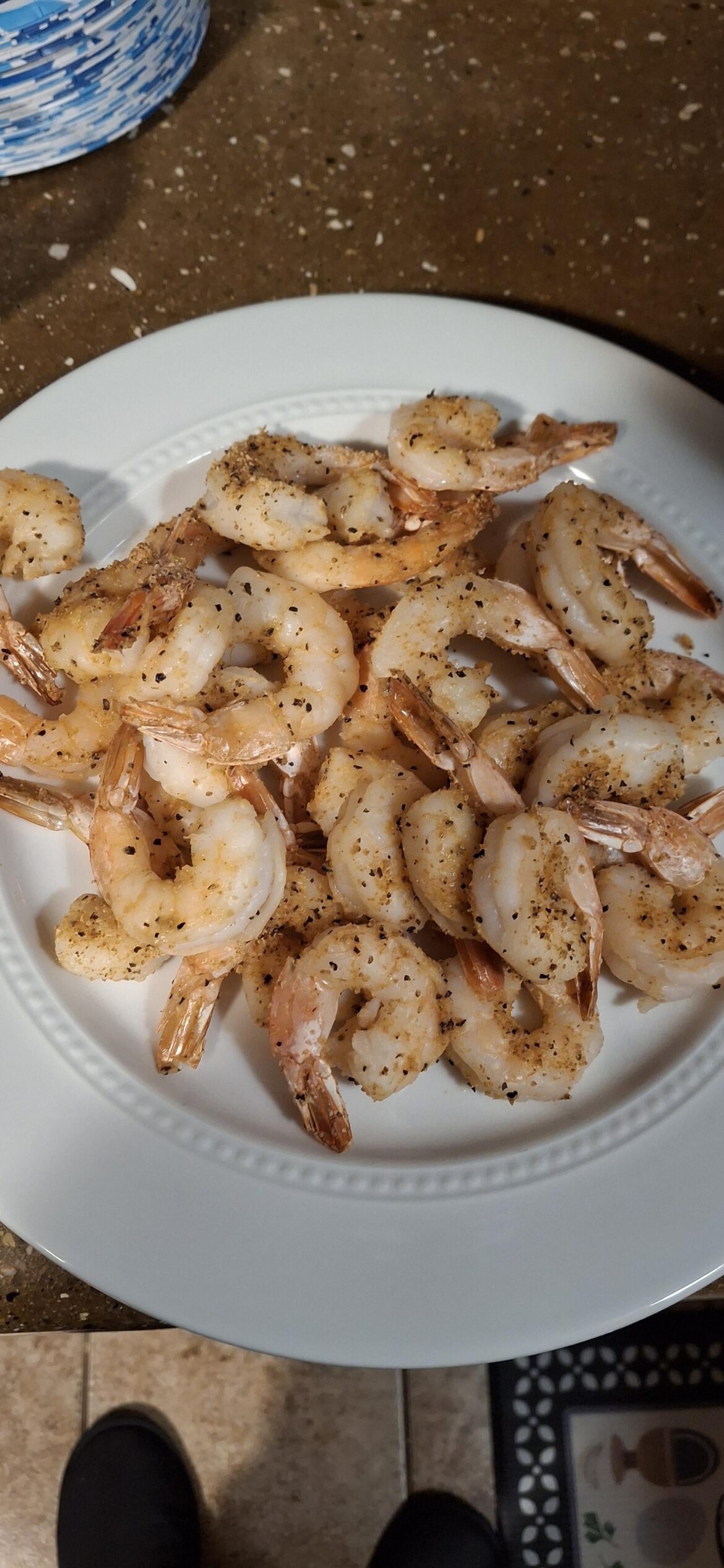 Air-fried shrimp platter while having "eggnog".