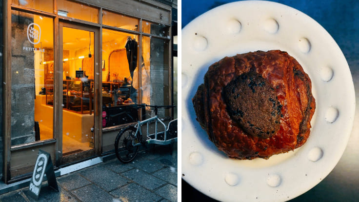 Petite Île's discreet storefront and black sesame chocolate bread. © Po-Hsuan Chuang