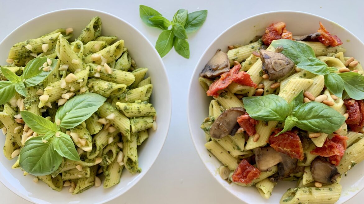 Vegan Fresh Basil Pesto Pasta Two Ways