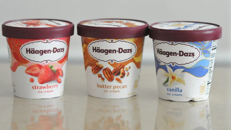 Three pints of Häagen-Dazs ice cream.