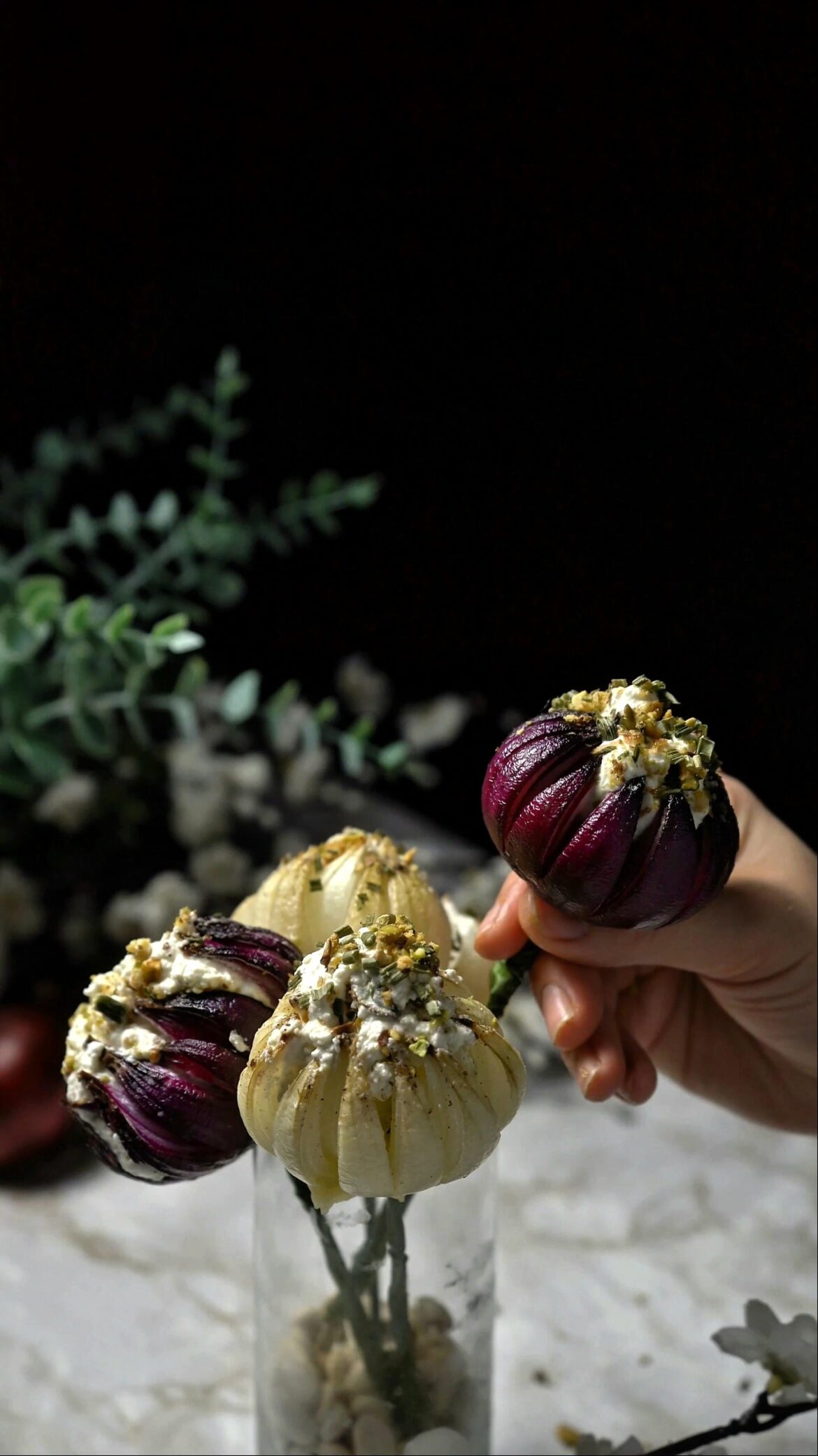 Onion Flowers: Baked onions on a honey mustard bed with a creamy feta filling.