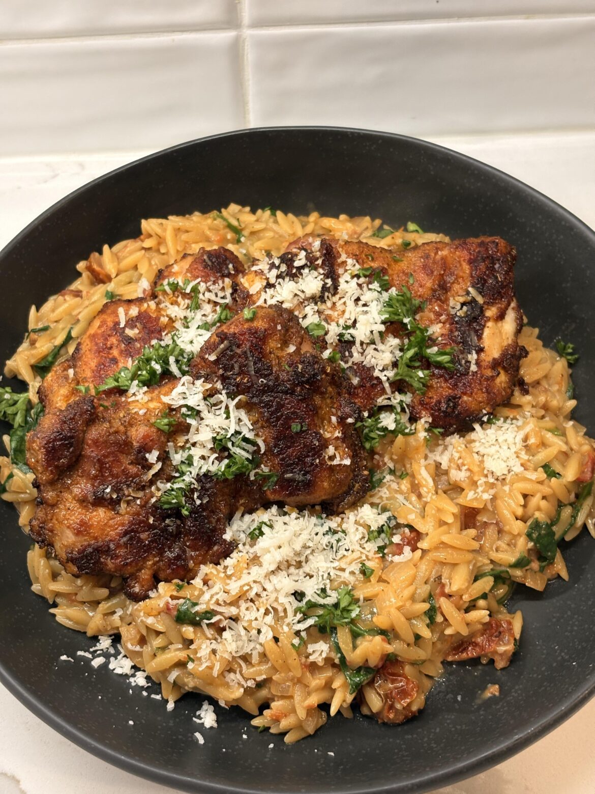 (Homemade) Tuscan orzo and roasted chicken