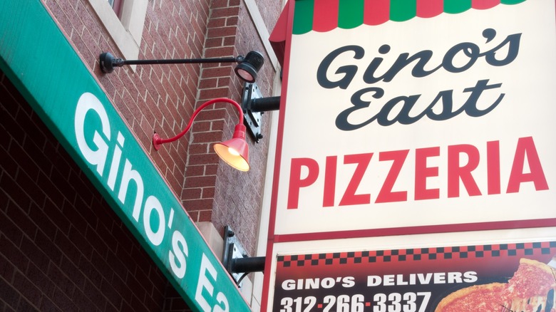 The classic Ginos' East Pizzeria storefront in Chicago