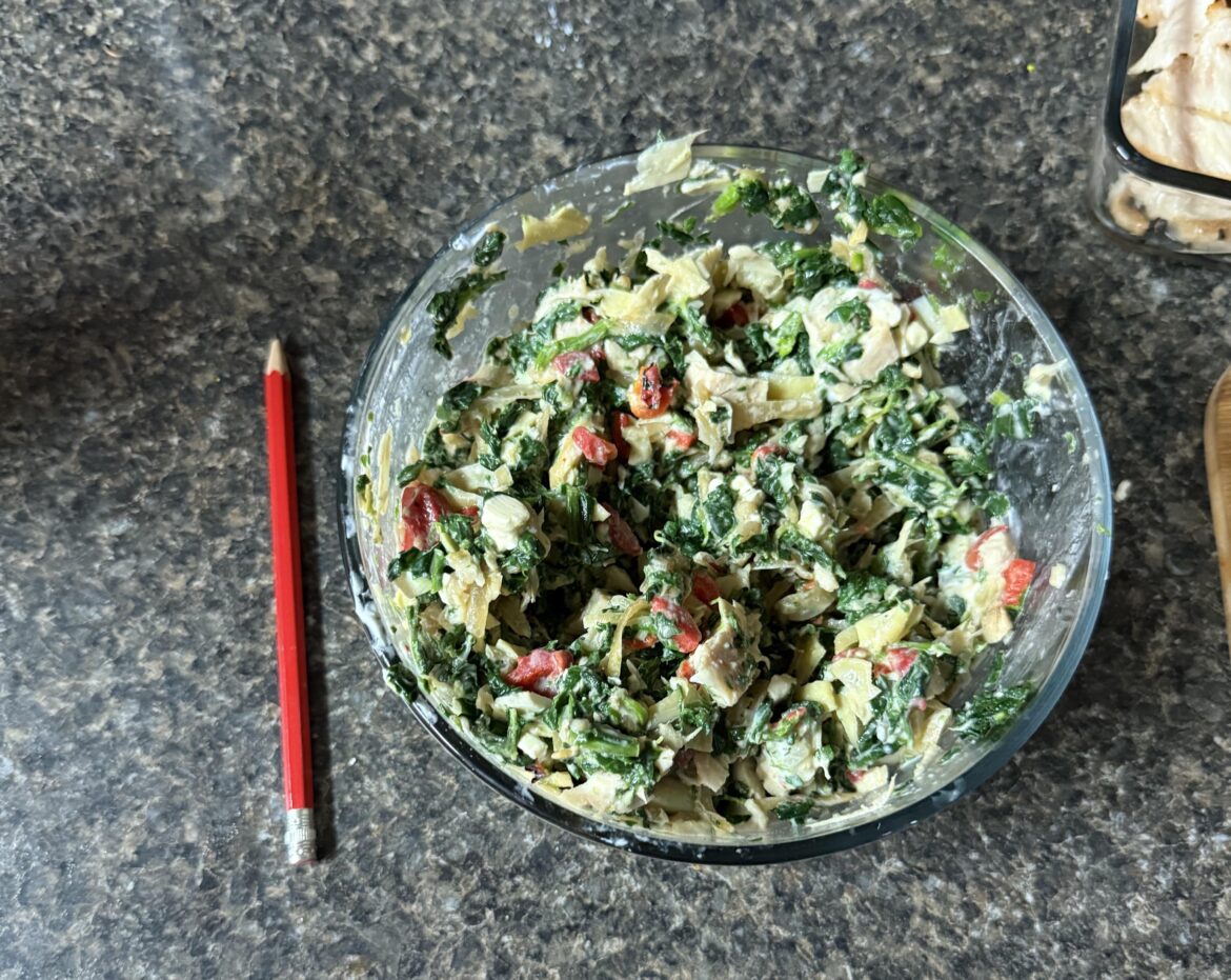 ~6 cups of spinach artichoke dip/salad for 485 calories