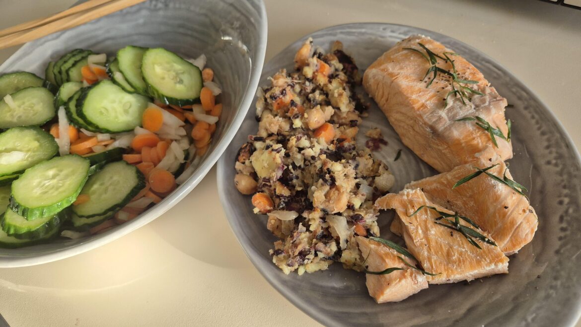 Salad, Poached Salmon, and Sweet Potato Pilaf