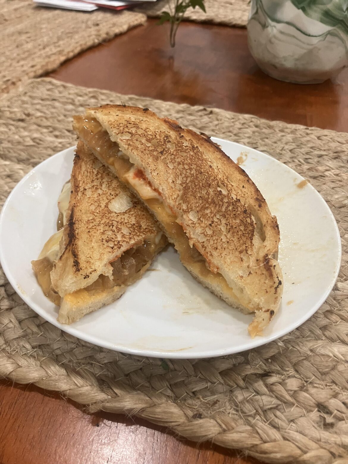 Caramelized Onion Melt with pepperjack and sharp cheddar on sourdough bread