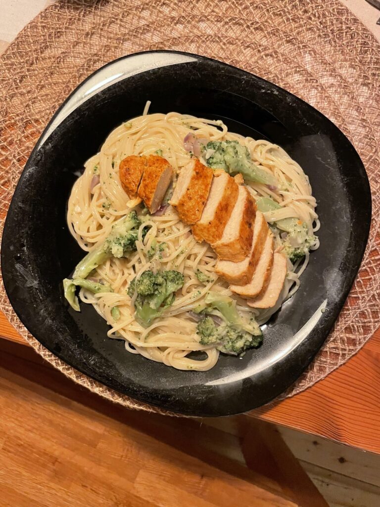 Broccoli and "chicken" Alfredo