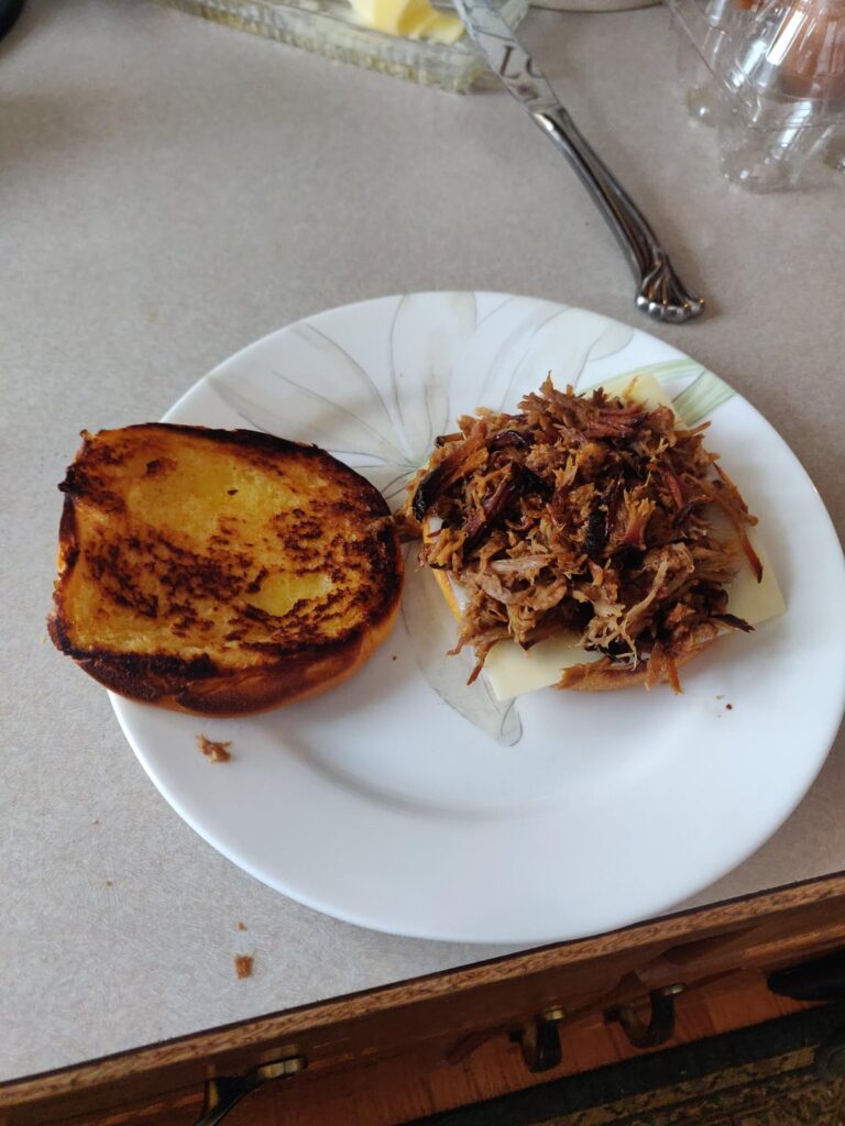 Disaster or masterpiece? Pulled pork egg sandwich.