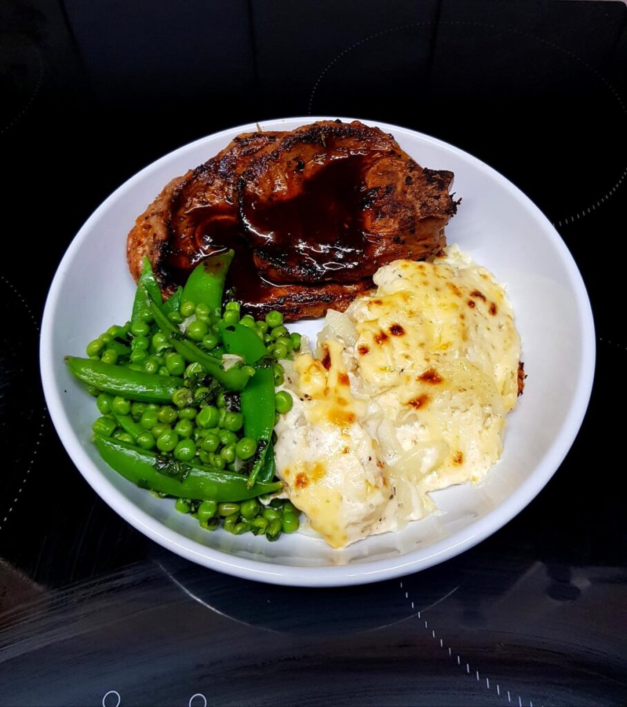 Marinated Minted Lamb Chops, Potato Gratin and Mint Peas.
